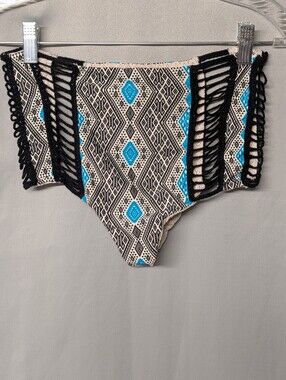 acacia swimwear Black & White Geometric Bikini Bottom with Teal Accents Size S
